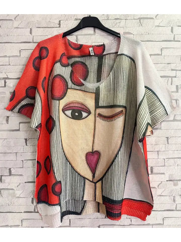 "Picasso" Red Knit Printed Short Sleeves (case of 2)